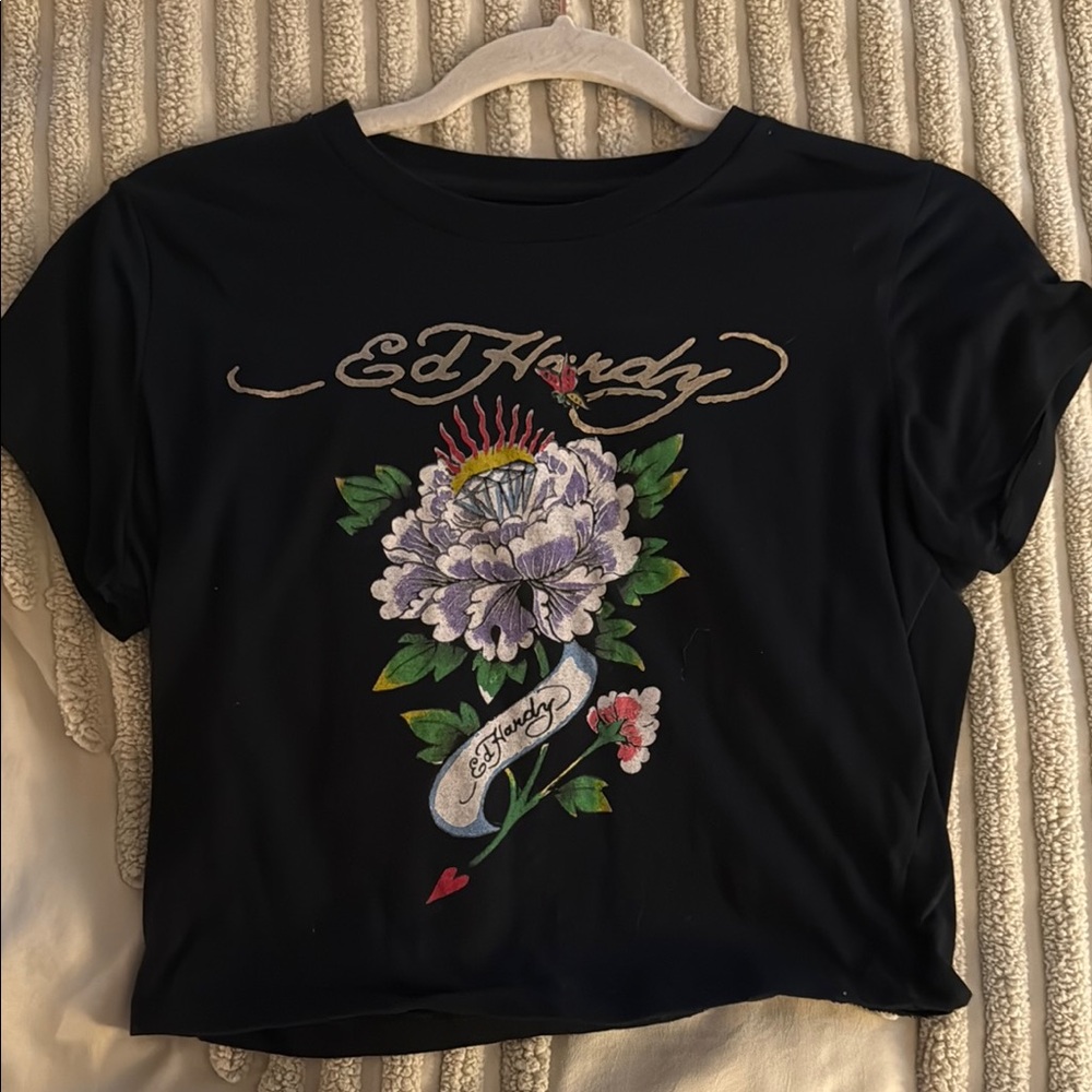 Ed Hardy Black Tee with Floral and Heart Design